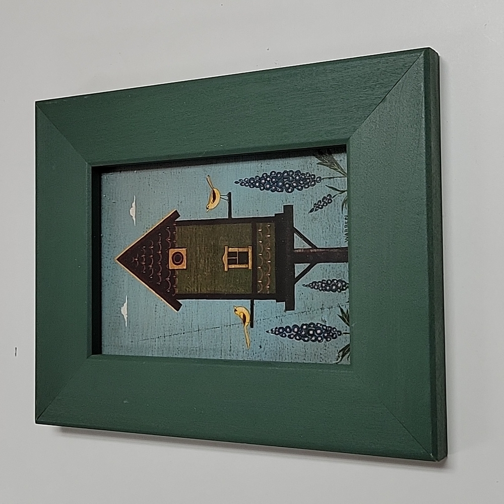 Framed original Warren Kimble green birdhouse print 10"x8"